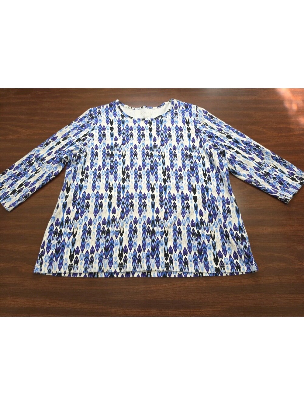 Kim Rogers 100% Cotton Blue Black Ikat Print 3/4 Sleeve Scoop Neck Size 2X Top